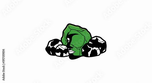 Stylized green face with a black eye, surrounded by black and white patterned shapes