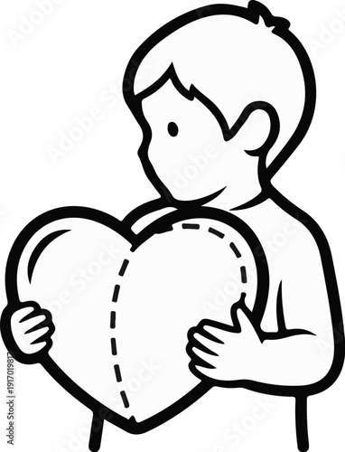 Child holding a large heart with dashed lines indicating division