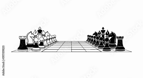 A black and white graphic of a chessboard set for a game, viewed from the side