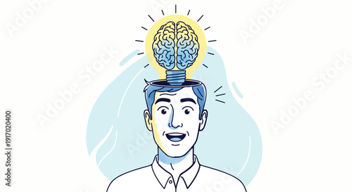 Stylized head with a glowing lightbulb containing a brain