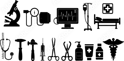 Medical equipment and tools icons in black