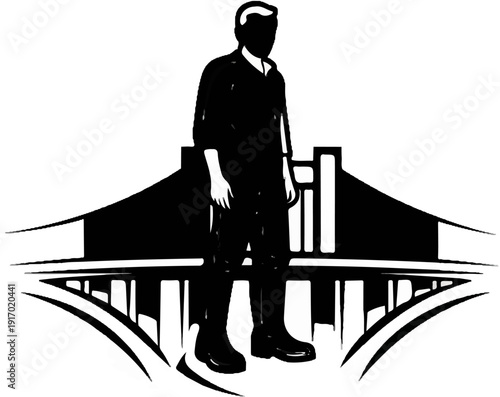 Silhouette of a person standing before a large suspension bridge