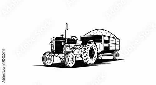 Vintage tractor pulling a full trailer, depicted in a black and white illustration style