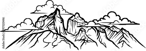 Dramatic, stylized mountains with swirling clouds, rendered in black and white