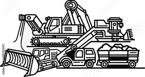 Diverse construction vehicles engaged in heavy-duty earthmoving and hauling operations