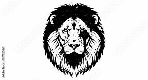 A stark black and white illustration of a fierce lion's head