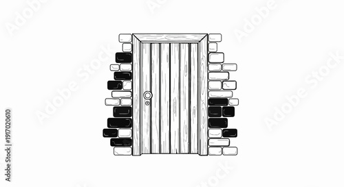 Wooden door set in a rough brick wall with alternating black and white stones