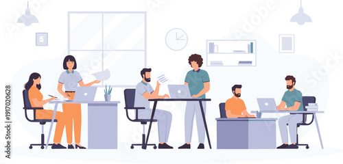 Office teamwork illustration—modern workspace with laptops, documents, and collaboration for business and productivity design visuals
