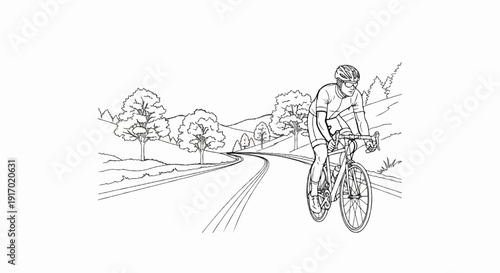 A cyclist rides on a winding road through a scenic landscape