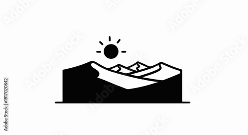 Stylized desert landscape with rolling dunes and a bright sun