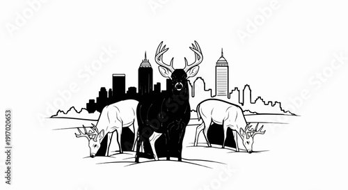 Striking black stag with antlers stands before a city skyline with two deer