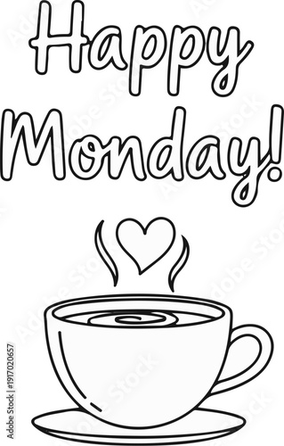 A cup of coffee with steam forming a heart shape, with "Happy Monday!" text