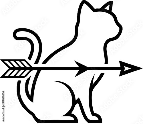 Black and white stylized illustration of a cat pierced by an arrow