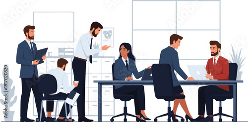 Office teamwork illustration—seven professionals in formal attire working with laptops, documents, and decor in modern workspace