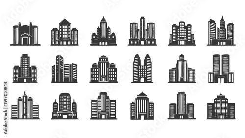 Vector illustration of set of black and white city building and skyscraper icons, architectural vector graphics on a transparent background