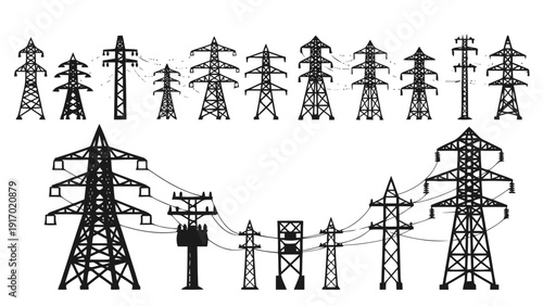 Vector illustration of set of various electrical transmission towers and power line pylons silhouettes for energy infrastructure design on a transparent background