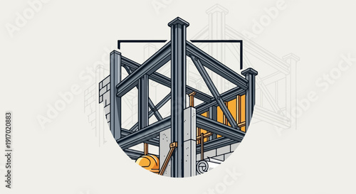 Isometric view of building structure with steel beams and concrete