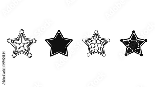 Vector illustration of set of four different star icons in black outline and solid fill styles on a transparent background