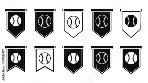 Vector illustration of set of ten baseball pennants or banners icons in black and white style on a transparent background