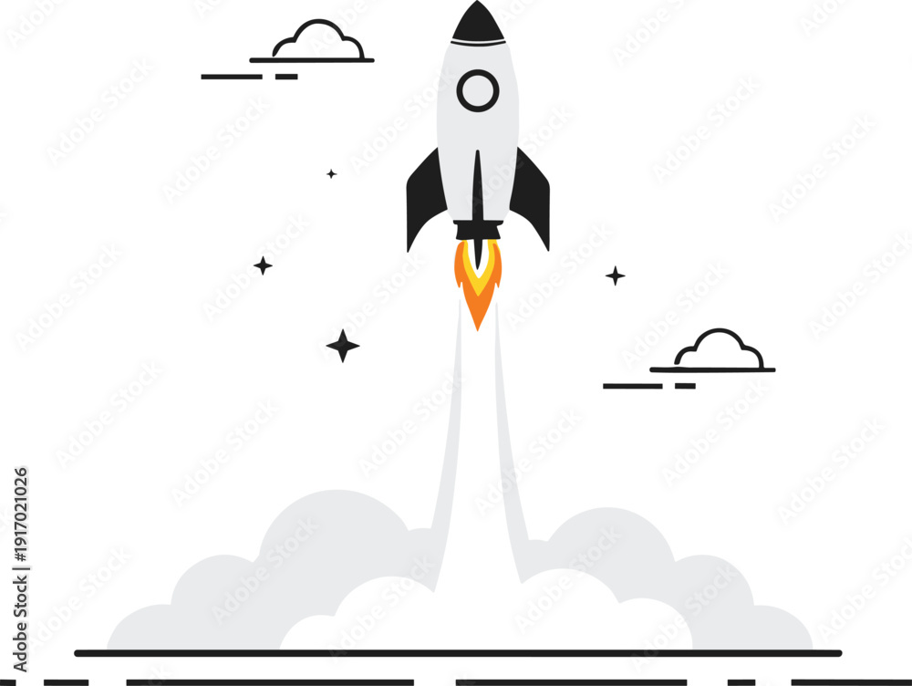 Fototapeta premium Rocket launch illustration—minimalist flat design with flames, clouds, and stars for innovation and space visuals