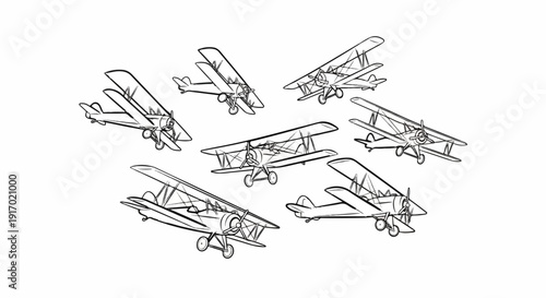 Several vintage biplanes sketched in black ink on a white background