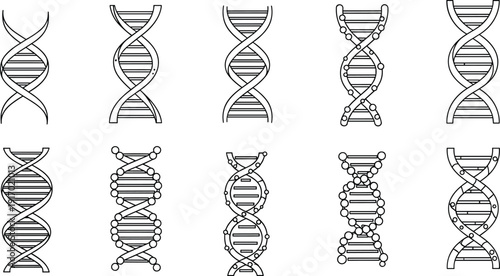 DNA helix spiral vector set featuring ten different black and white line art illustrations of genetic structures for biology and science research.