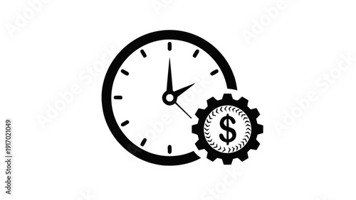 Vector illustration of time is money concept icon with clock and gear mechanism featuring dollar sign, black silhouette vector graphic on a transparent background