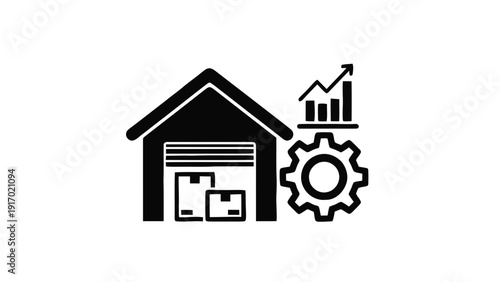 Vector illustration of warehouse logistics management icon with bar chart growth and gear mechanism on a transparent background