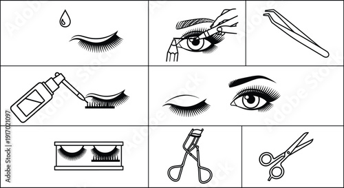 Eyelash extension application guide icons set featuring false lashes, glue applicator, tweezers, curler, and makeup tools for professional beauty salon services and tutorials.