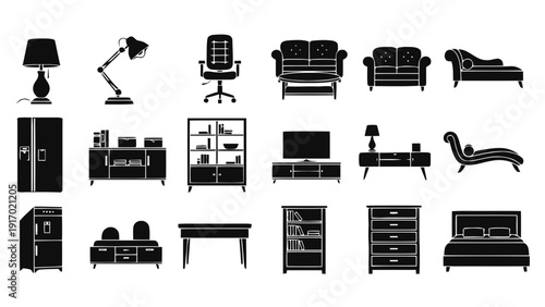 Vector illustration of collection of black silhouette icons representing various types of furniture and home decor items on a transparent background