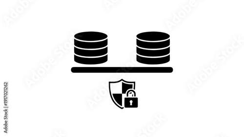 Vector illustration of database security concept icon, two stacks of coins protected by a shield and padlock symbol on a transparent background