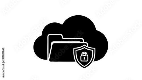 Vector illustration of cloud storage security icon with folder and shield lock symbol on a transparent background