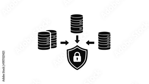 Vector illustration of data security concept with stacks of coins protected by shield and lock icon on a transparent background