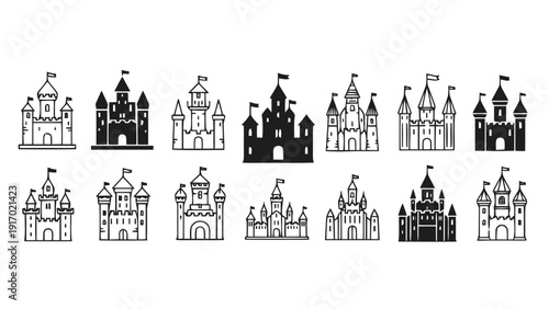 Vector illustration of collection of 12 castle icons and silhouettes in outline and solid styles on a transparent background
