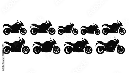 Vector illustration of collection of ten motorcycle silhouettes in profile view for transportation and motorbike design concepts on a transparent background