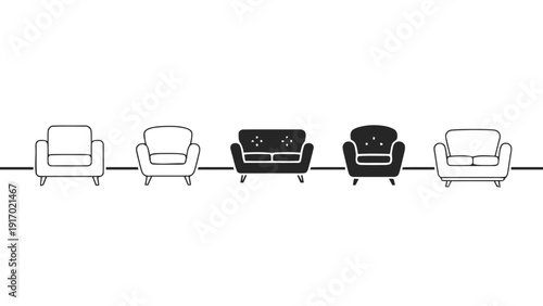 Vector illustration of set of five different armchair and sofa icons, modern furniture silhouettes for interior design and living room concepts on a transparent background