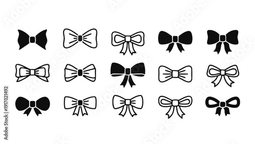 Vector illustration of set of 15 black and white bow tie icons, outline and solid styles, on a transparent background
