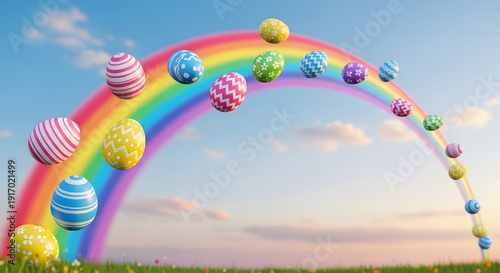 colorful easter eggs flying in rainbow arc over green grass field, spring landscape against blue sky, with copy space for holiday cards, seasonal banners and websites