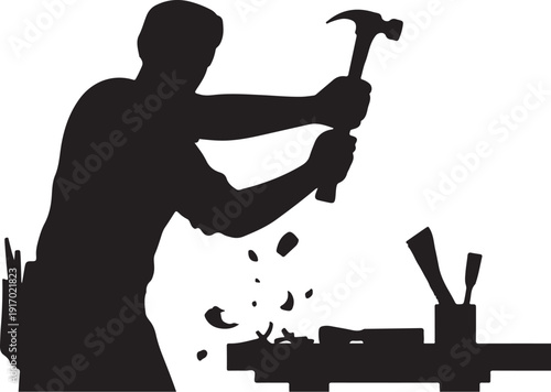 Silhouette of a person hammering on a workbench with tools