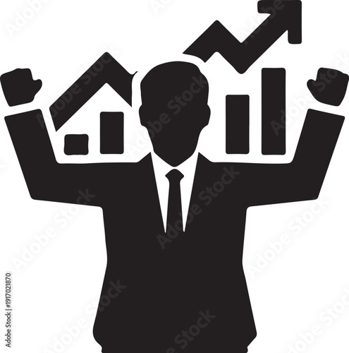Silhouette of a person holding up a house and a bar chart