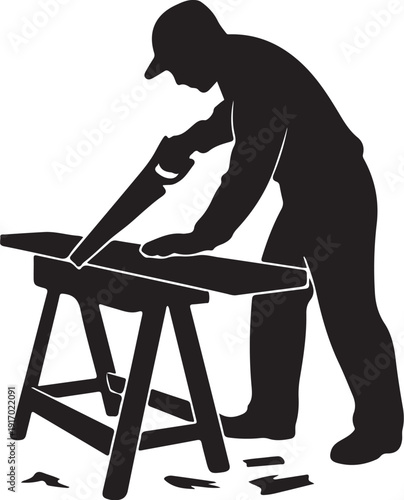 Silhouette of a person planing wood on a workbench