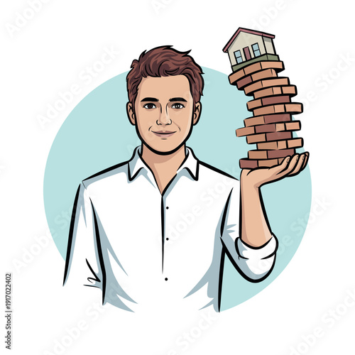 A cartoon man holding a house made of bricks in his hand.