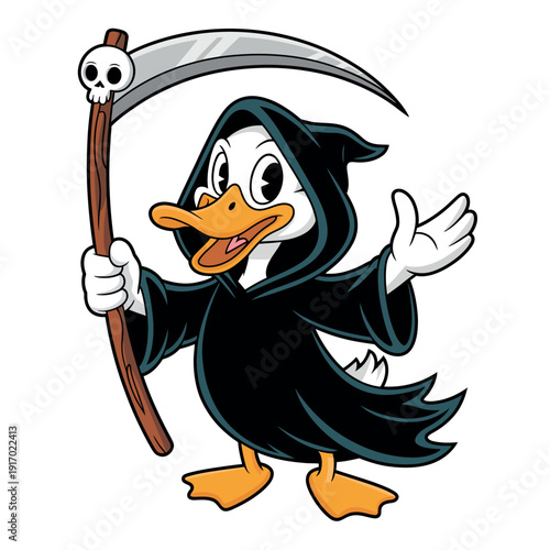 A cartoon duck dressed as the grim reaper with a scythe and hood