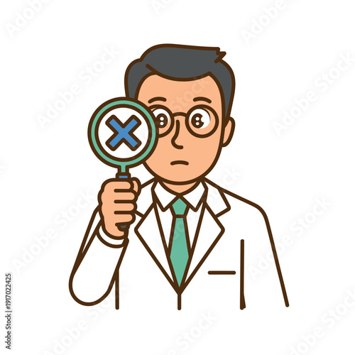 A cartoon doctor holding a magnifying glass with a blue X on it, looking concerned