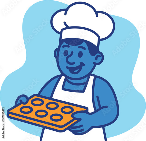 A cheerful cartoon chef holding a tray of freshly baked muffins in a kitchen setting.