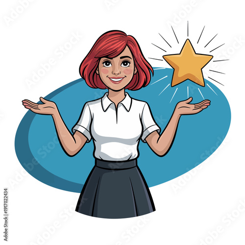 A cartoon woman with red hair and a white shirt is presenting a gold star with her hands.