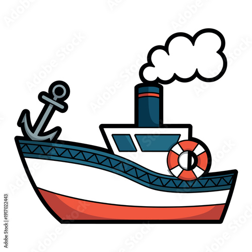 A cartoon boat with an anchor and lifebuoy sailing on calm waters