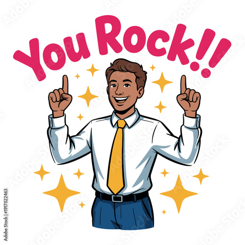 A cartoon man in a white shirt and yellow tie celebrating with his hands up