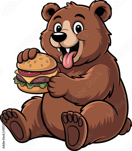 A cartoon bear happily holding and eating a large cheeseburger