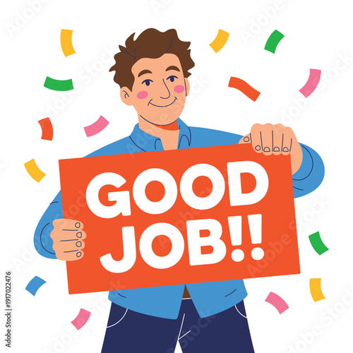 A cartoon man holding a sign that says Good Job with confetti in the background